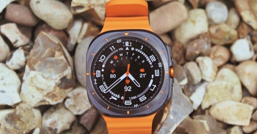 A rugged smartwatch placed on a construction site, highlighting its durability and design for tough conditions.