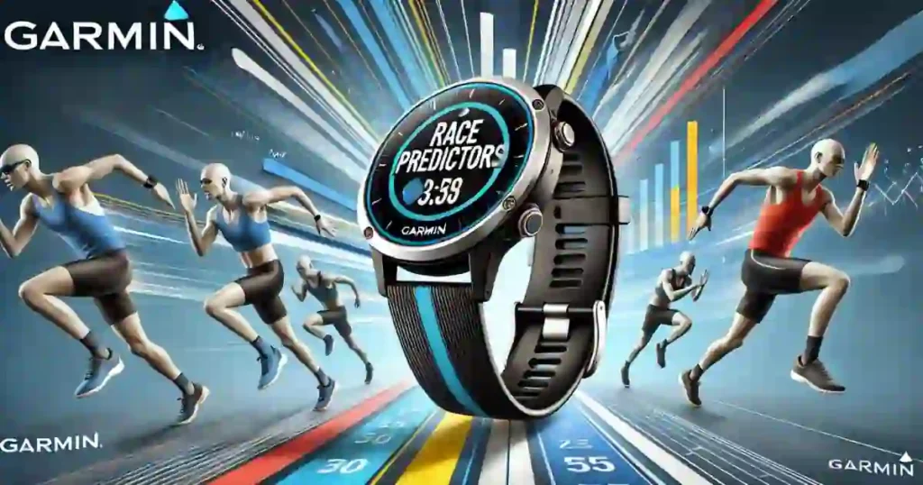 A runner checking their Garmin Race Predictor on a smartwatch while training outdoors.