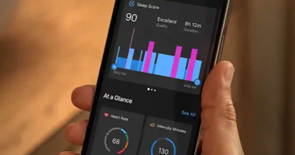 Garmin Connect app showing detailed sleep data from Index Sleep Monitor, including Sleep Score and Body Battery.