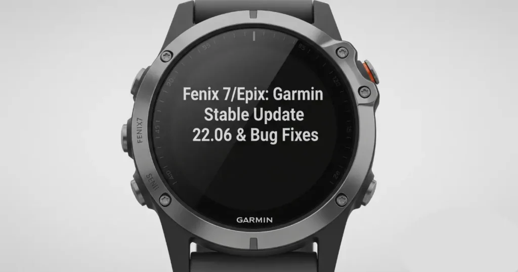 Garmin Stable Update 22.06 Garmin Epix Gen 2 showing software update 22.06 for Fenix 7 series, highlighting bug fixes.